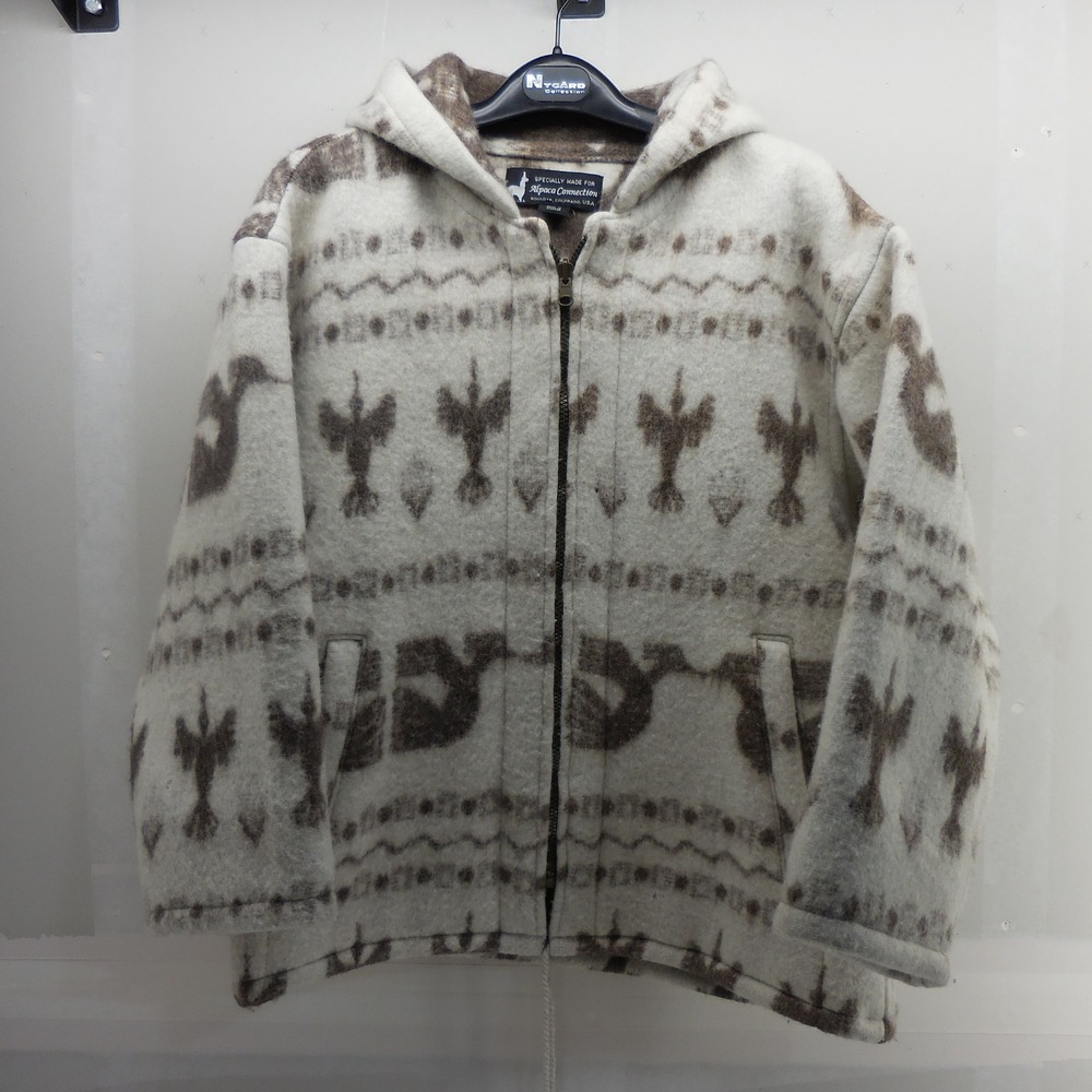 Alpaca Connection Wool Hooded Jacket Large Brown Cream Southwestern Zip Up Bird
